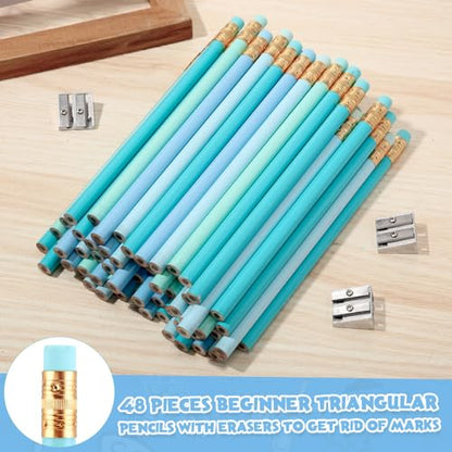 Fainne 48 Pcs Fat Pencils Jumbo Big Thick Large Pencils and 3 Pieces Sharpeners for Kids Beginners Preschoolers Kindergarten School Office Supplies(Turquoise Blue Series,Round) - color: Turquoise Blue Series, style: Round