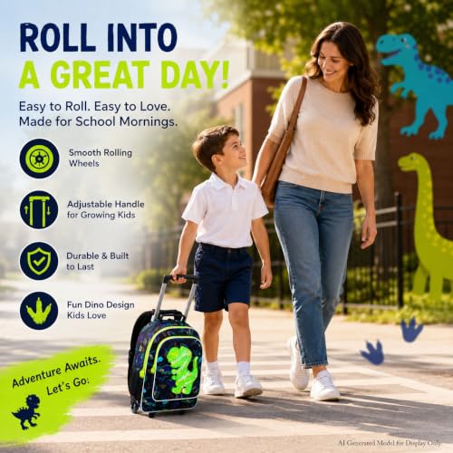 WZLVO 4PCS Dinosaur Rolling Backpack for Boys - Cool Wheeled School Set with Lunch Box,Water Resistant Roller School Backpack on Wheels for Elementary Kids Travel - color: Boys Rolling Backpack - Popular Dinosaur