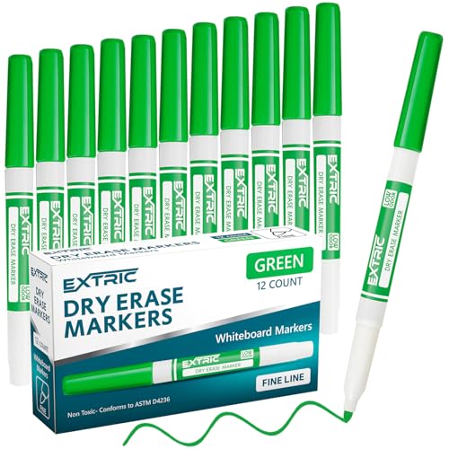EXTRIC Green Dry Erase Markers Fine Tip 12 PK Whiteboard Markers | Use: School, Classrooms, Offices, Color: Vivid Green Ink, Tip Style: Fine Tip, Feature: Low-Odor and Non-Toxic - color: Green, size: 1 Count (Pack of 12)
