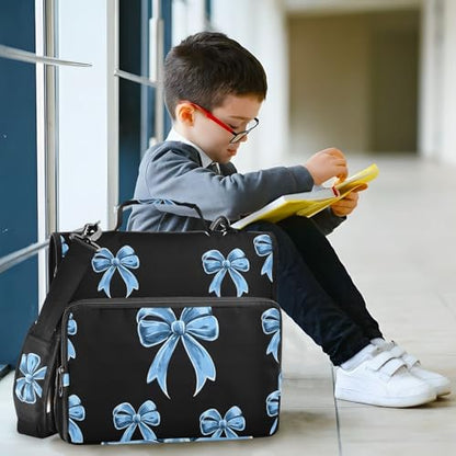 Blue Bow Print 3 Ring Zipper Binder Bag Binder Organizer with Handle Shoulder Strap for School Work Office Supplies - color: Blue Bow Print