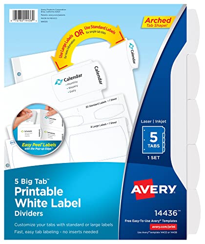 Avery Big Tab Printable White Label Dividers with Easy Peel, 5 Tabs, 1 Set (14436) - size: One Size, style: 1 Set