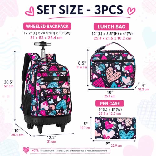 gxtvo Rolling Backpack for Girls, Adults Wheeled Bookbag with Lunch Box for Women, Kids Water Resistant Roller School Bag for College Teens Travel - Love Heart - color: Love Heart