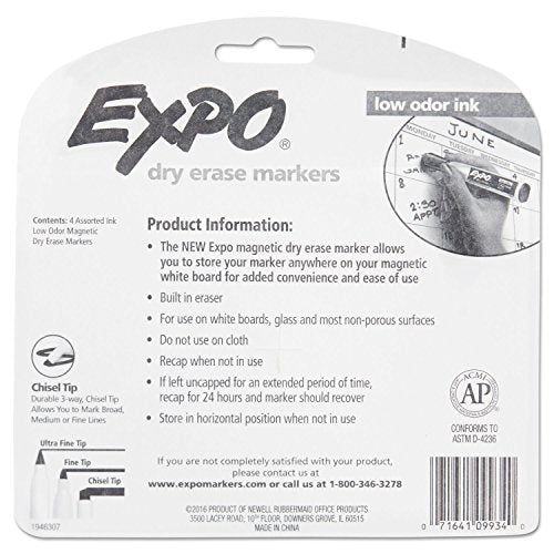 EXPO 1944728 Magnetic Dry Erase Marker Chisel Tip Assorted 4/Pack