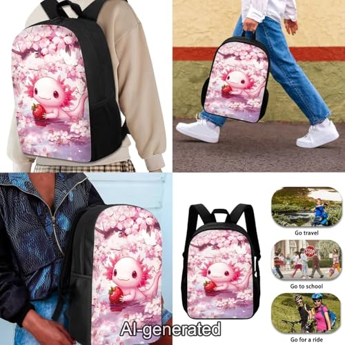 Pink Axolotl Kids Backpack Set of 3 with Lunch Box Pencil Case Portable Lunch Bag Multifunctional Pencil Case Cute Book Bag Elementary School Boys and Girls - color: Cute Axolotl Pattern