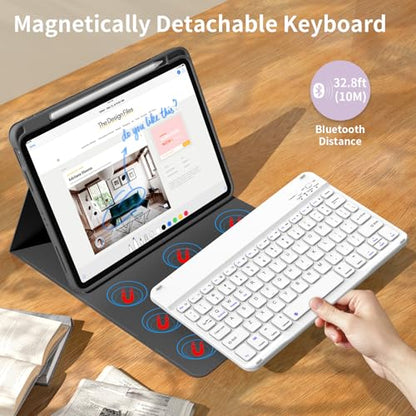 kenke for iPad 11/10th Gen Case with Keyboard 11/10.9 inch 2025 A16/2022, Detachable Wireless Bluetooth Keyboard Case with Bulit-in Pencil Holder, White Square Keycaps (Black - color: Black