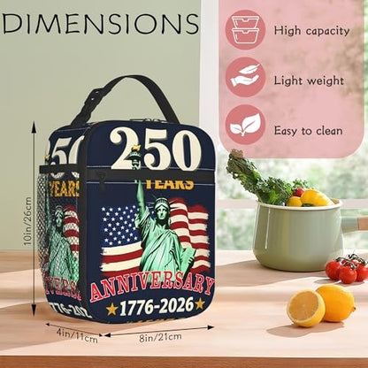Insulated 250 Anniversary USA Patriotic Lunch Bag, Reusable Cooler Tote with Handle - color: 250 Anniversary USA