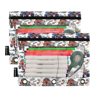Monster Truck Pencil Pouch for 3 Ring Binder, Binder Pencil Pouches with Clear Window Zipper Pencil Case for Office College Supplies, 2PCS (B0316) - color: B0316