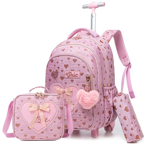 Rolling Backpack for Girls with Lunch Box Backpack for School Kids Backpack with Wheels for Travel Cute Bowknot Bookbag Backpacks for Girls Elementary Primary School Student - color: Pink
