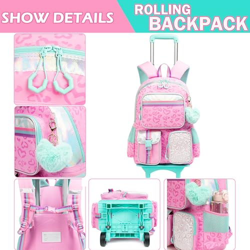 Meetbelify Girls' Rolling Backpack with Wheels - Cute Kawaii Carry On Backpack with Lunch Box for Elementary Students - Pink Love - color: Love Pink