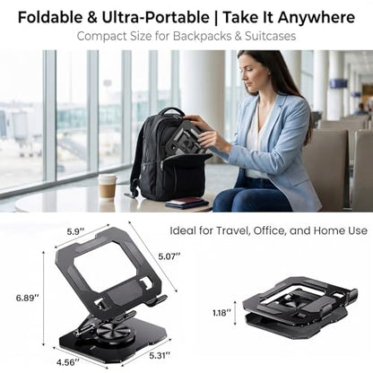 CTESNE【360°Rotation】iPad Stand for Desk【Foldable & Portable】【Carbon Steel Heavy-Duty Base】Adjustable Tablet Stand, Phone & Tablet Holder (Black)