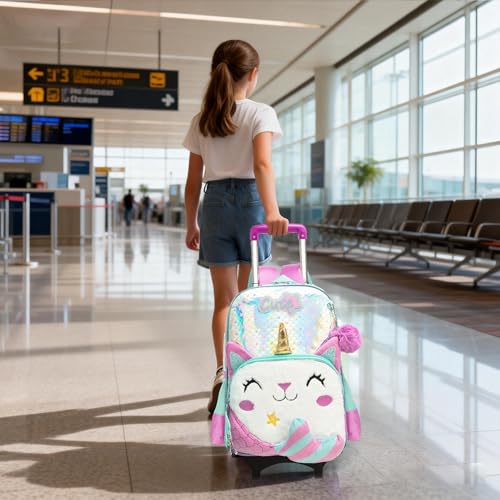 Meetbelify Girls Cute Backpack with Wheels for Elementary Students Kids Black Travel Luggage - color: Mermaid