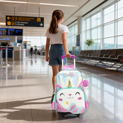 Meetbelify Girls Cute Backpack with Wheels for Elementary Students Kids Black Travel Luggage - color: Mermaid