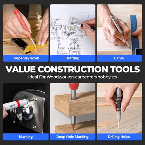 Nicpro 44Pcs Carpenter Pencil with Sharpener, Carpenter Tool in Canvas Case | 169 Refill,Carpenter Pencil Set with 6 Deep Hole Long Nib Marker Pen, Scribe Tool, Construction Pencils for Architect Marking - size: 44 Pack