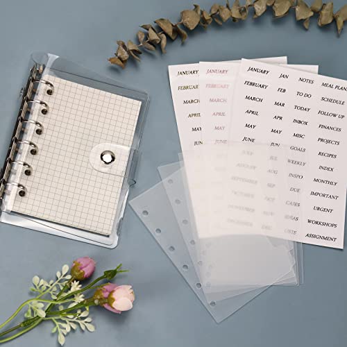 Koqye 12pcs A7 Pocket 6-Ring Binder Dividers with Tabs & Planner Stickers | 3.19" x 4.96", Transparent Sturdy Insertable Notebook Planner Tab Dividers for Binders, Agenda Accessories