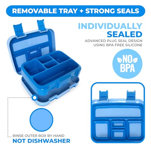 kinsho Bento Lunch Box for Kids Toddlers Boys, 5 Portion Sections Secure Lid, Microwave Safe BPA Free Removable Tray, Pre-School Kid Daycare Lunches Snack Container Ages 3 to 5, Blue - color: Blue