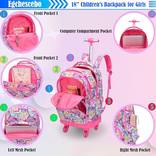 Kids Rolling Backpack for Girls Daisy Suitcases Trolley Roller Luggage Backpacks with 360° Rotating Wheels 15" Laptop Lunch Box Pencil Case for Elementary 18” Travel School Bag Pink - color: Pink-juhua-1220