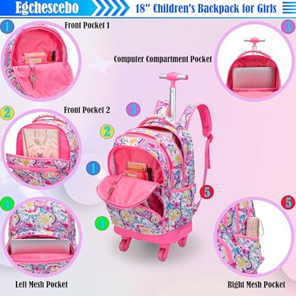 Kids Rolling Backpack for Girls Daisy Suitcases Trolley Roller Luggage Backpacks with 360° Rotating Wheels 15" Laptop Lunch Box Pencil Case for Elementary 18” Travel School Bag Pink - color: Pink-juhua-1220