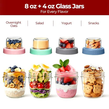 8+4 oz Glass Parfait Cups with Lids 4 Pack Yogurt Container Reusable | Dry Wet Separation, Overnight Oats Containers,Chia Pudding,Nuts, Fruit,Granola Toppings,Meal Prep Jars - color: Mixed color 5