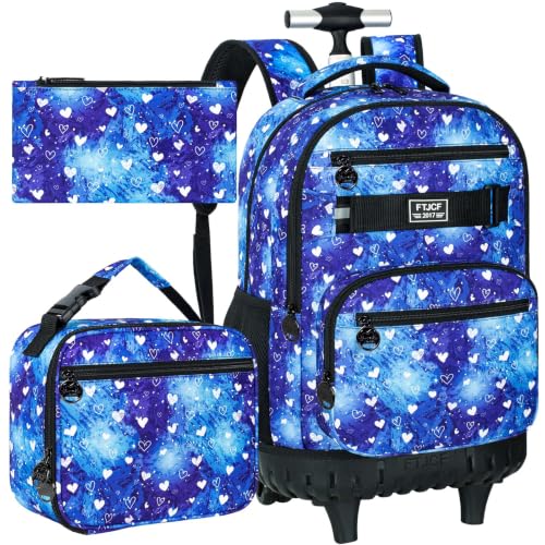 3Pcs Rolling Backpack for Girls, 19 Inche Women Roller Bag with Wheels for Adults, Wheeled Bookbag with Lunch Box(Blue) - color: Blue Love