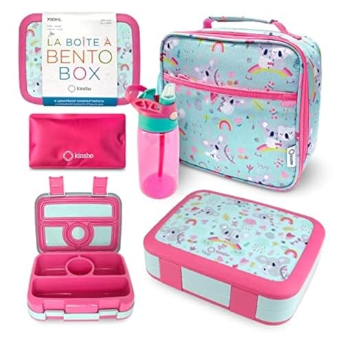 kinsho Bento Lunch Box with Water Bottle, Insulated Bag & Ice Pack Set for Kids Toddlers Girls, 4 Portion Sections, Removable Tray, Pre-School Kid Toddler Daycare Lunches, Snack Container, Pink Koala - color: Koala Set