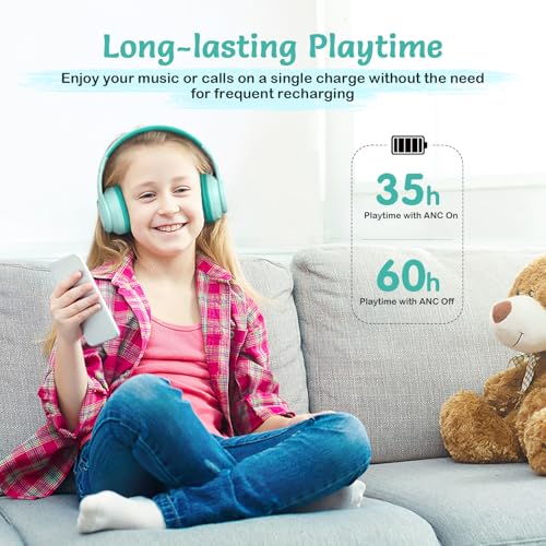 TONOSHARK Kids Bluetooth Headphones with Active Noise Cancelling, Wireless Over-Ear Headphones for Boys Girls, Foldable, Adjustable,40H Playtime, Mic for School Travel (Mint Green) - color: Mint Green