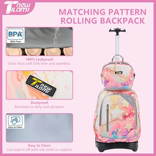NEW TILAMI Girls 18 inch Rolling Backpack - Large Capacity, Waterproof, Adjustable Handle, Stylish Design, Ideal for School & Travel, Starshine - color: Starshine