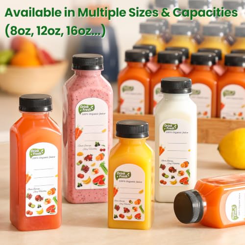 24 PACK, 16 OZ Reusable Thicker Plastic Juice Bottles with Caps, Leakproof | Plus 24 Labels & 2 Funnels, Clear Juicing Bottles for Juice, Smoothies, Ginger, Tea, Coffee -Food Grade & Travel & Freezable - size: 16oz