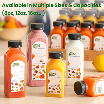24 PACK, 16 OZ Reusable Thicker Plastic Juice Bottles with Caps, Leakproof | Plus 24 Labels & 2 Funnels, Clear Juicing Bottles for Juice, Smoothies, Ginger, Tea, Coffee -Food Grade & Travel & Freezable - size: 16oz