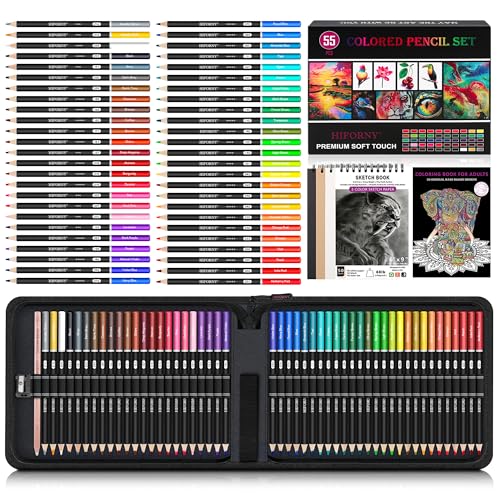HIFORNY 55PCS Colored Pencils Set for Adults – 50 Soft Core Colored Pencils with Sketchbook, Coloring Book, Blender, Sharpener & Color Chart – in Gift Box & Zipper Case