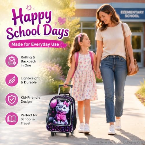 CCJPX 3Pcs Cat Rolling Backpack for Girls, 18" Kids Wheeled Bookbag with Lunch Box, Lightweight Roller School Bag for Elementary Preschool (Black) - color: Pink-clothed Cat