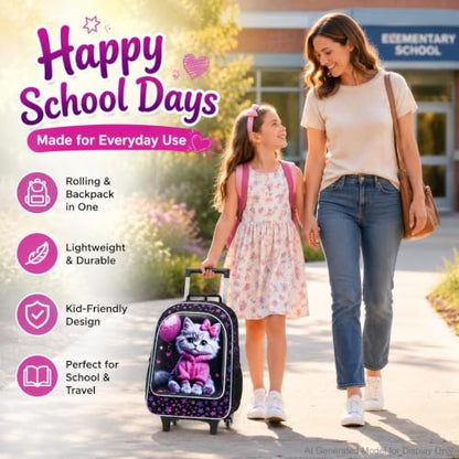 CCJPX 3Pcs Cat Rolling Backpack for Girls, 18" Kids Wheeled Bookbag with Lunch Box, Lightweight Roller School Bag for Elementary Preschool (Black) - color: Pink-clothed Cat