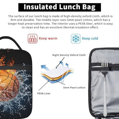 Fire And Water Basketball Portable Lunch Box, Cooler Bags Insulated Thermal Lunch Tote Bag with Shoulder Strap For Women Men Adults Work Travel - color: Basketball