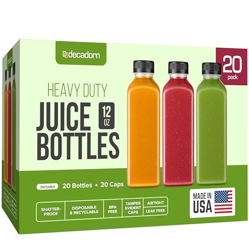 DECADORN 12 oz Juice Bottles with Caps, 20 Pack, Made in USA | BPA-Free Plastic Bottles, Tamper-Evident Lids, Leak-Resistant, Shatterproof, Disposable & Recyclable, for Fridge Storage - size: 12 oz 20 Pack