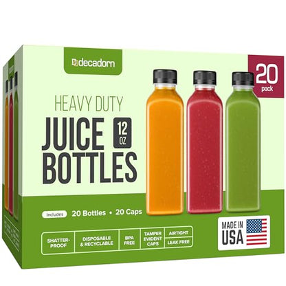 DECADORN 12 oz Juice Bottles with Caps, 20 Pack, Made in USA | BPA-Free Plastic Bottles, Tamper-Evident Lids, Leak-Resistant, Shatterproof, Disposable & Recyclable, for Fridge Storage - size: 12 oz 20 Pack