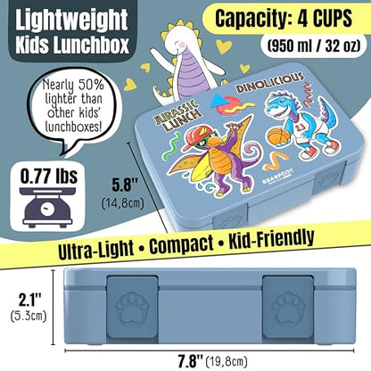 BEARFOOT Kids Lunch Box with Compartments – Compact & Lightweight | Leak-Proof, BPA-Free, Dishwasher Safe | Hand-Drawn Design for Preschool, School, Travel (Dinos Blue, 4 Cups) | BPA Free Leakproof Lunch Box with Compartments School & Nursery for Girls &