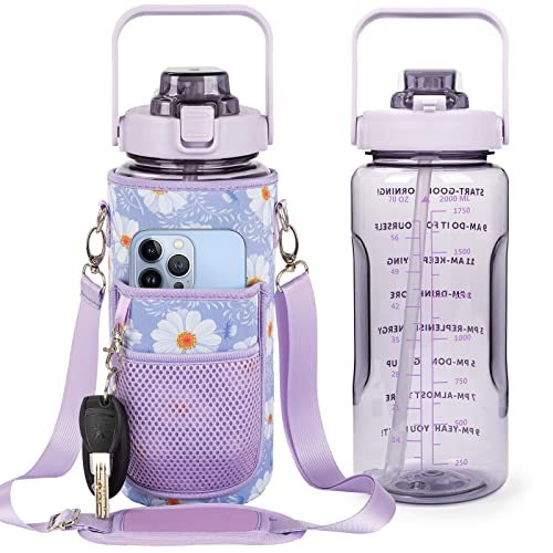 Half Gallon Water Bottle with Sleeve, 64OZ Motivational Water Bottle | Water Jug with Straw, Time Marker, BPA Free, Leakproof, Gym Water Bottle for Sport Workout - color: Lavender