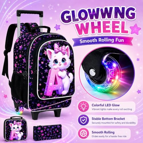 WZLVO 3PCS Kids Backpack with Wheels, 18" Sparkling Cat Print Roller Backpack for Girls with Light-Up Wheels, Includes Matching Lunch Bag & Pencil Bag - Cat Hugging A (Purple) - color: 3PCS Girls Rolling Backpack - Cat Hugging A