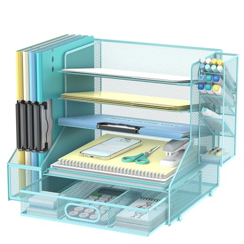 5-Tier Desk Organizer with File Holder & Pen Holder & Sliding Drawer, Blue | Mesh Metal Paper Letter Tray for Papers, Mail, Office Supplies, and Desk Accessories - color: Blue