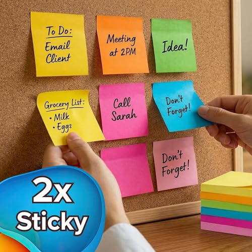 Sticky Notes 3x3 (12 Pads / 1200 Sheets) – 2026 Improved Adhesive, Very Very Sticky & Bright Neon Colors – Perfect for School, Office & Desk Supplies