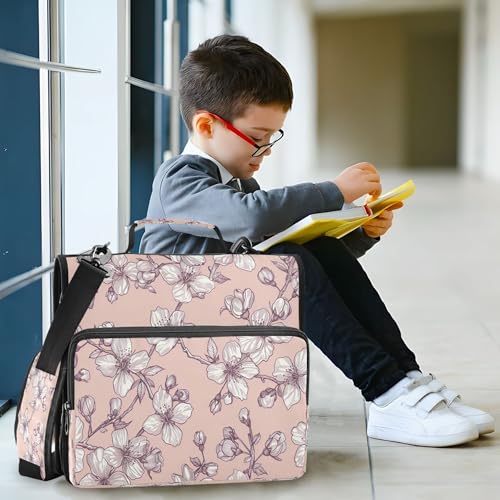 3 Ring Zipper Binder Cherry Blossoms Binder Organizer Portfolio with File and Shoulder Strap & Handle Large Capacity File Folder - color: Cherry Blossoms