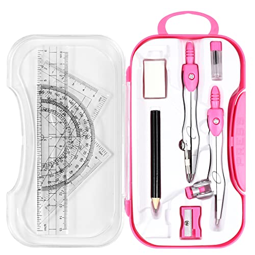 Unjoo Geometry Set 10 Pcs Student Supplies, Protractor and Compass (Pink） | Shatterproof Storage Box,Rulers,Protractor,Compass,Eraser,Pencil Sharpener,Lead Refills,Pencil,for Classroom, Back to School - color: Red