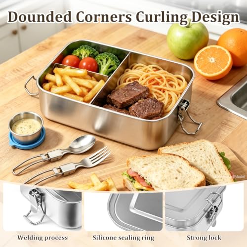 Qtencas Stainless Steel Lunch Box for Kids, 28oz / 0.85L Bento Box for Kids | Stainless Steel Lunch Bento Box with Leakproof Condiment Containers, Natural Loofah Dishwashing Sponge and Foldable Sporks - size: 28oz