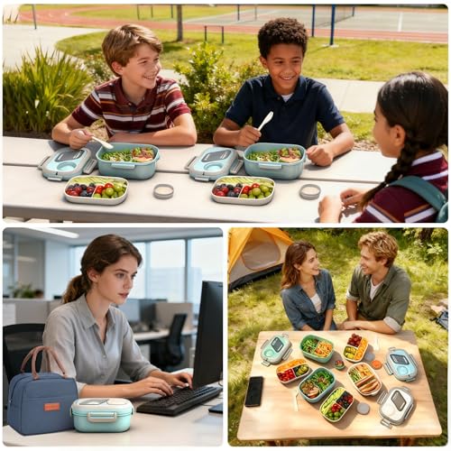PEDECO Blue Bento Box with Bag, 2-Tier Stackable with Utensils & Sauce Box | 3 compartments prevent food mixing,Portable sauce pod included,Microwave safe,BPA-free, for adults, kid, work, travel,pinic - color: Blue