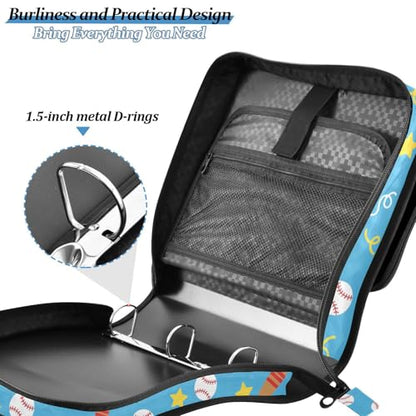 Baseball Star Blue Pattern 3 Ring Zipper Binder with Shoulder Strap & Handle 1.5 Inch D-Ring Zippered Bag with Pencil Pouch,Expanding File Folder, Binder Organizer for School or Office - color: Baseball Star Blue