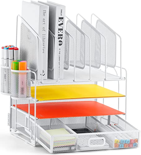 Marbrasse Desk Organizers, 4-Tier Mesh Desk File Organizer with 5 Vertical File Holders and 2 Pen Holders, Multifunction Desktop Organizer,Desk Organizers and Accessories for Home Office (White) - color: White, size: 4-Tier Mesh