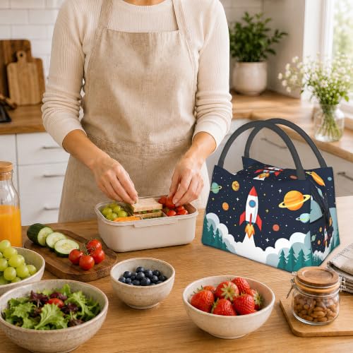 Cartoon Rocket Reusable Lunch Bag,Space Planets Insulated Small Lunch Box for Kids Adult Women,Leakproof Cooler Tote Bags for Student Teacher Work Camping Picnic School - color: Cartoon Rocket