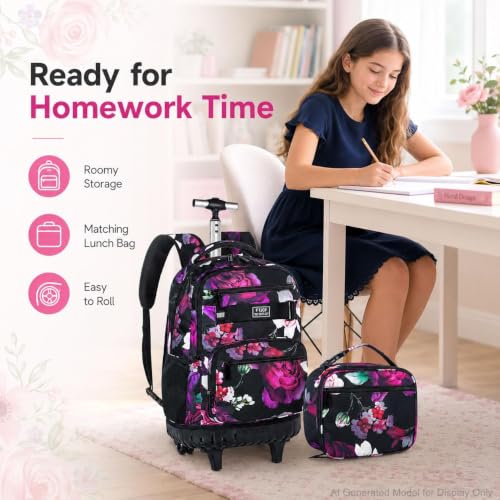 3Pcs Rolling Backpack for Girls Women, Travel Roller Backpacks with Wheels for Adults, Teens College Rose Wheeled Bookbag with Lunch Box(Black) - color: Rose Black