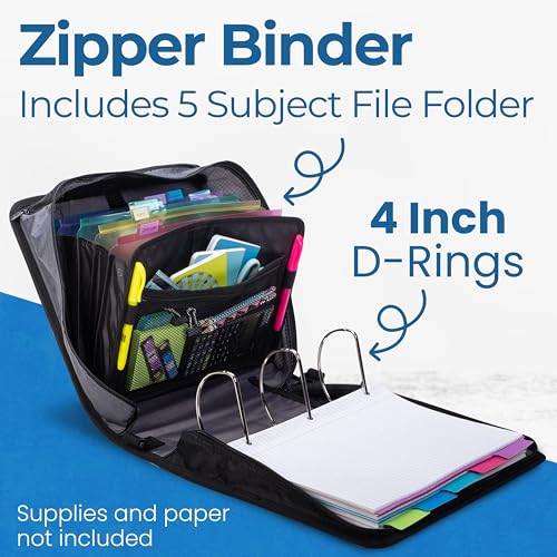 Case-it King Sized Zip Tab School Zipper Binder | 4-Inch D-Rings, 800 Sheet Capacity, 5-Subject Expanding File Folder, Multiple Pockets & Storage Organizer, Shoulder Strap | D-186 Jet Black | 4 Pack