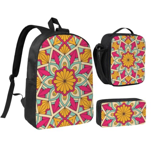 Vibrant Mandala Tile Pattern Commuter Bag Lunch Cooler And Pouch | City Commuter Backpack Combination, Water Repellent Rucksack Matching Insulated Lunch Tote And Slim Portable Bag - color: 5