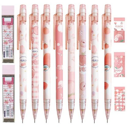 Cute Peach Mechanical Pencil Set Includes 0.5mm and 0.7mm Pencils with Lead Refills and Erasers, Pink Kawaii Mechanical Pencil for Women Girl Men Boy Office School Supplies (Peach) - color: Peach